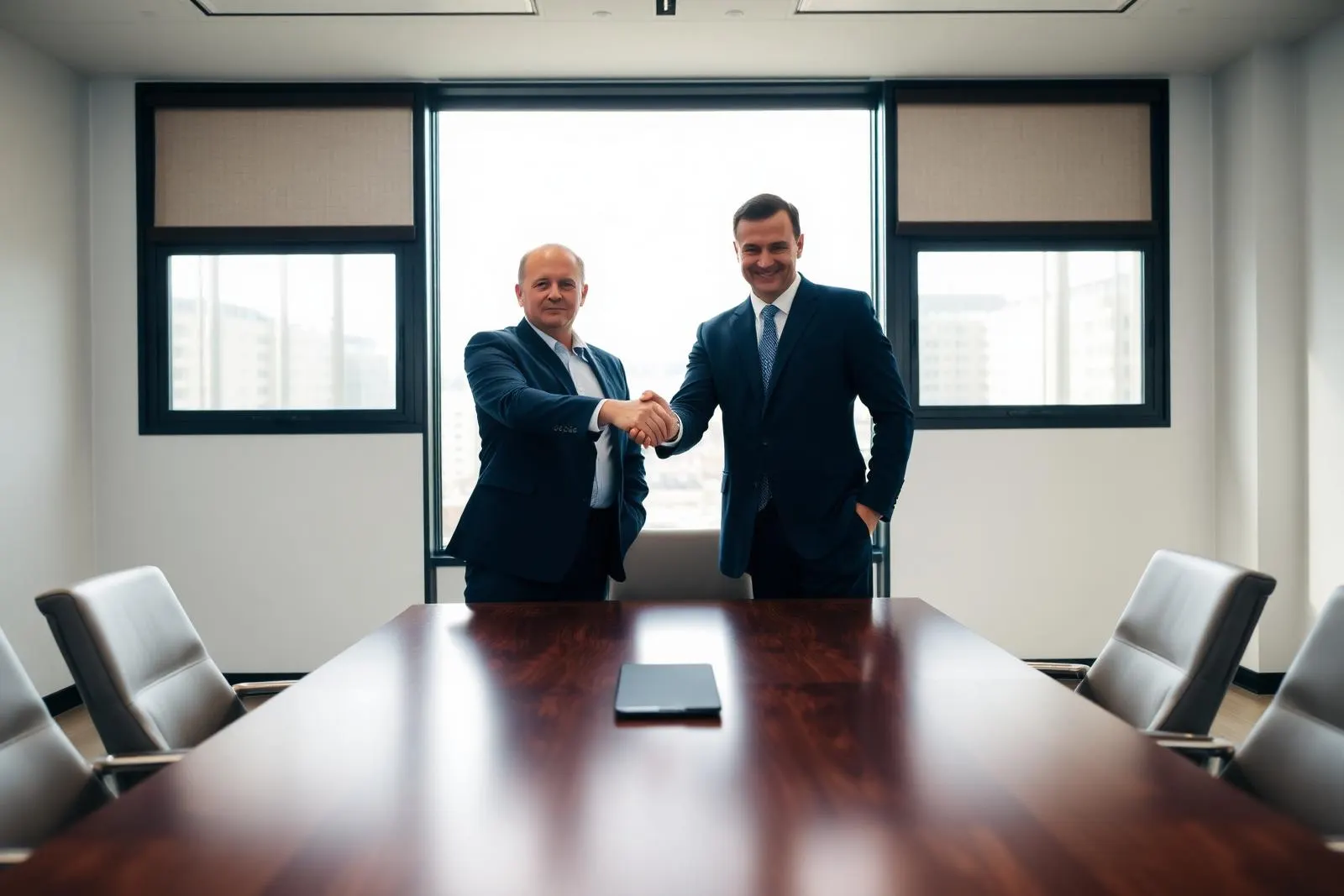 Two advisors closing a deal in a modern boardroom